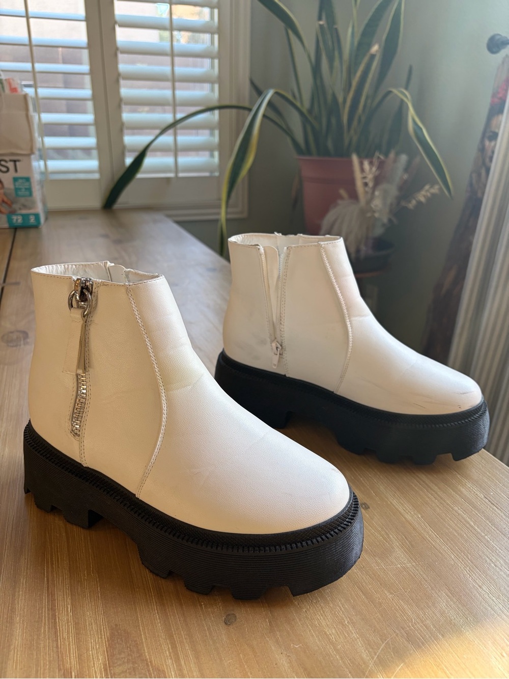 Forever 21 White Ankle Boots with Black Lug Sole